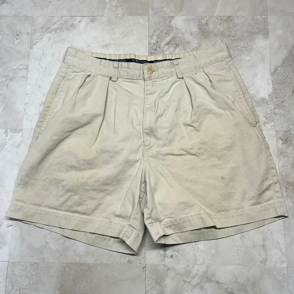 Polo Ralph Lauren Andrew Short Beige Mens 33 Pleated Chino Vintage Made in USA